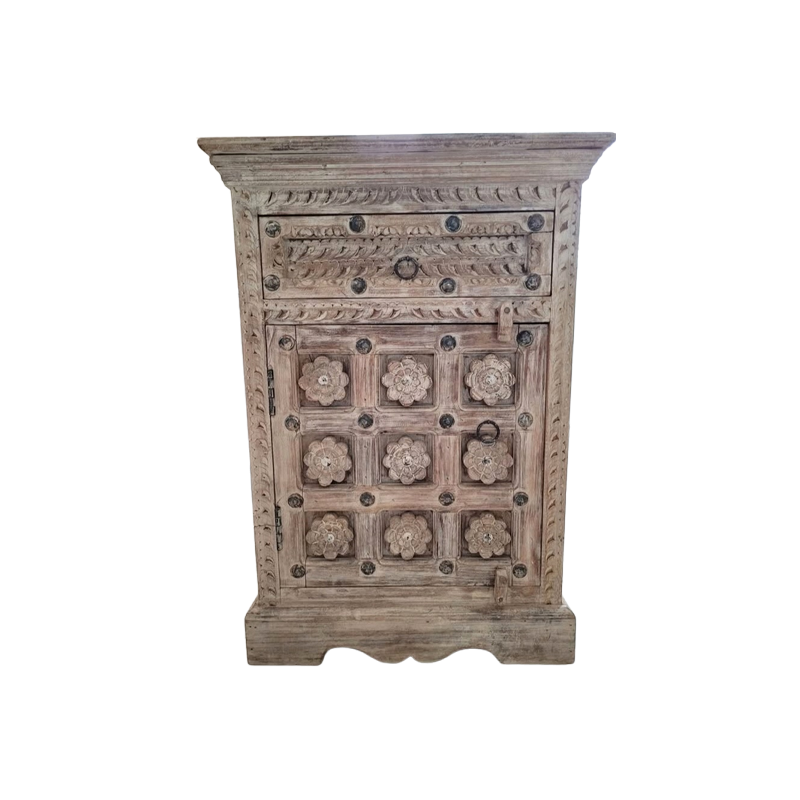 Carved Solid Wood Nightstand with Floral Details