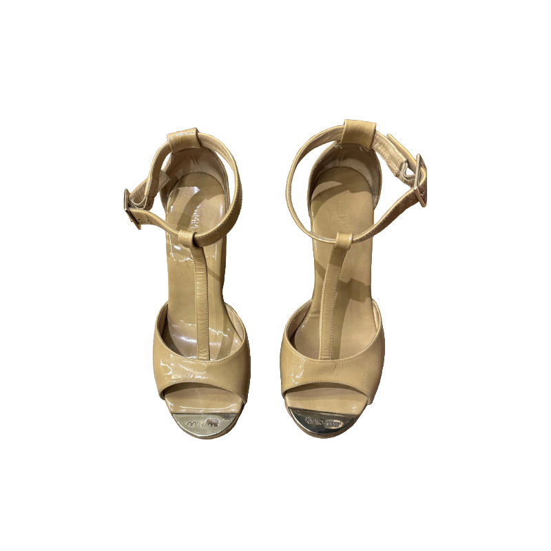 Jimmy Choo Beige Patent Leather Pela Cork Wedge T-Strap Sandals
