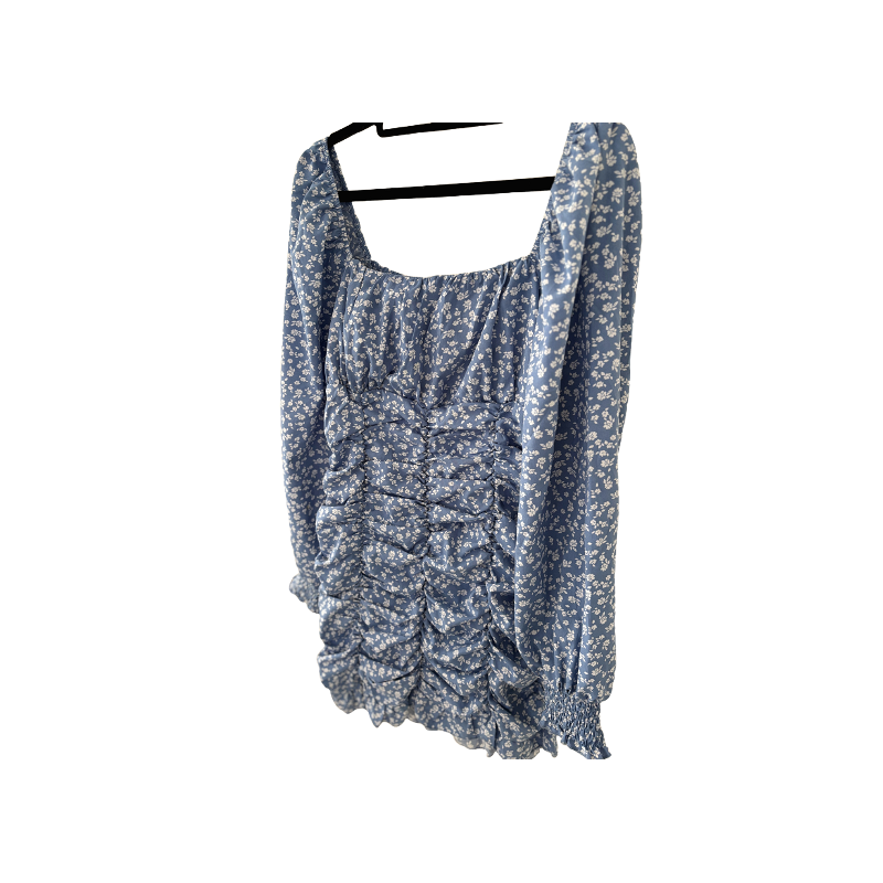 Blue and White Floral Long Sleeve Midi Dress