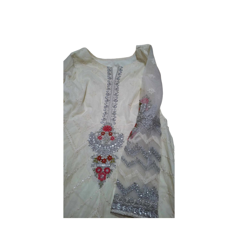 Pakistani Gown – White with Silver & Red Floral Embroidery