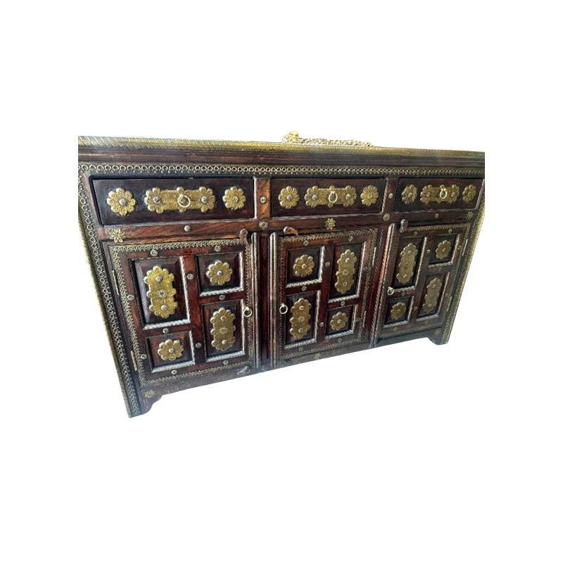 Handmade Solid Wood Buffet Table with Doors and Brass Sideboard