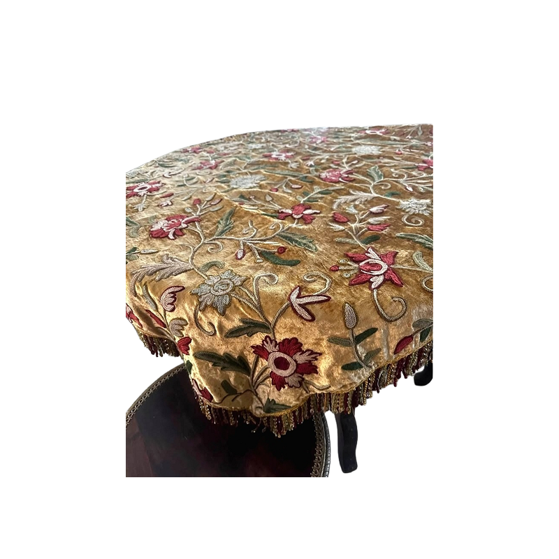 Keshmiri Velvet & Wool 6-Round Table Cover - Flower & Leaf Embroidery