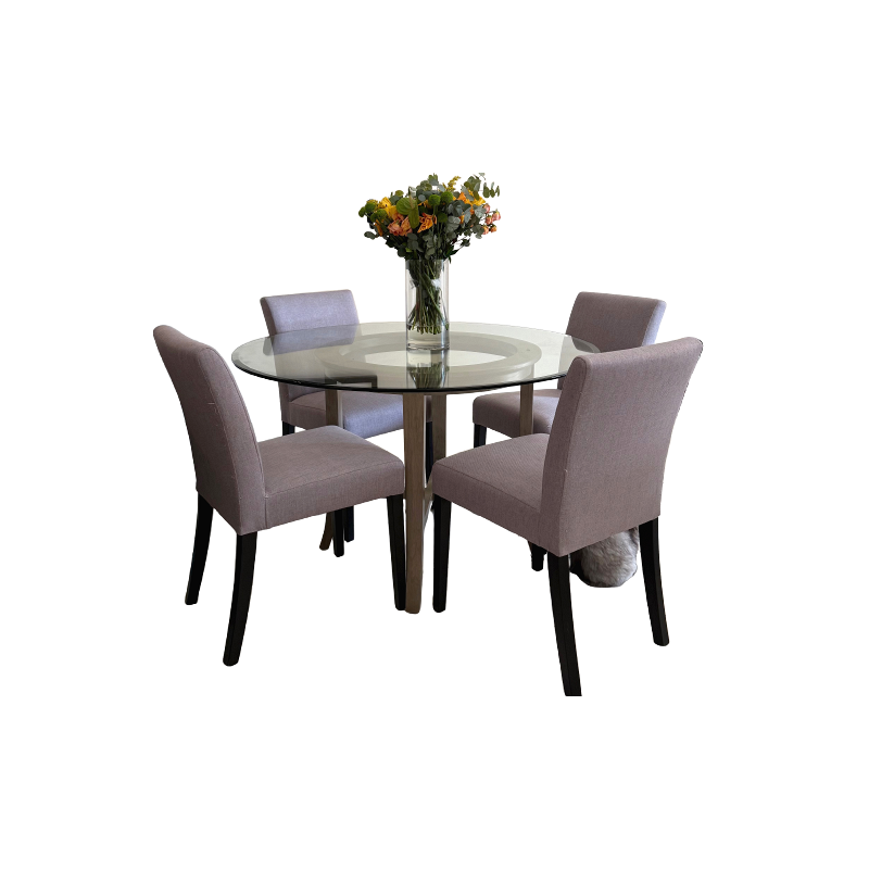Crate & Barrel Round Glass Dining Table with 4 Dove Grey Fabric Chairs